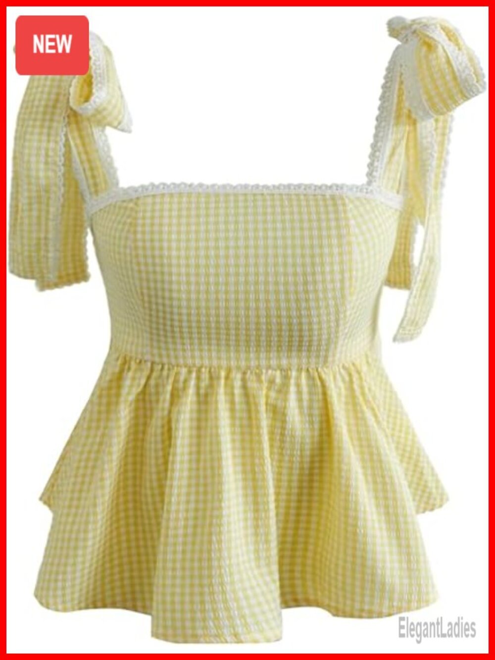 Plaid Lace Trim Peplum Tank Top Square Neck Sleeveless Tie Shoulder